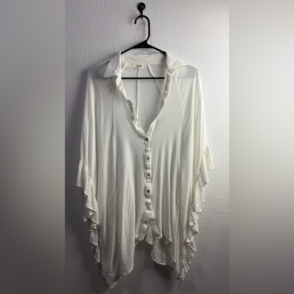 Kaye Mi Women's White Button-Up Ruffle Top Size Small NC0389